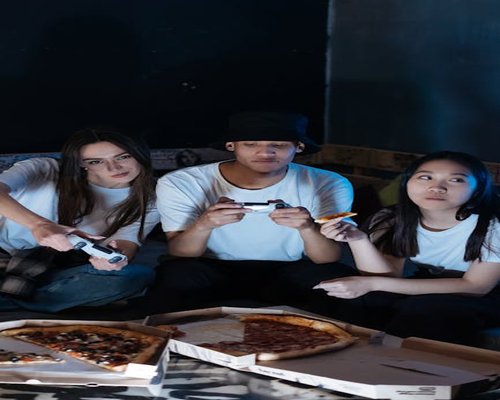 Community enjoying social gaming entertainment together in modern environment